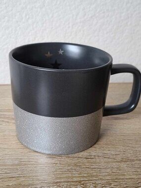 Starbucks‎ Coffee Mug 2018 Matte Black & Silver Glitter w/Stars 12oz